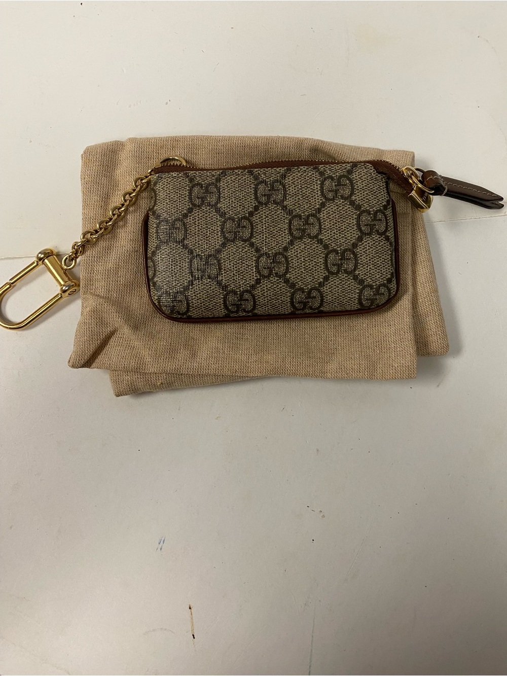 Gucci Beige GG Supreme Canvas Mini Pouch with Gold Chain